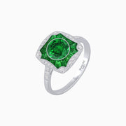 Cushion Shape Art Deco Inspired Halo Ring with Diamond and Gemstone - Shahin Jewelry